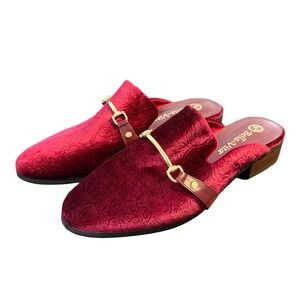 Bella Vita Womens Red Velvet Floral Embossed Mules Horsebit Buckle Flats 8.5M